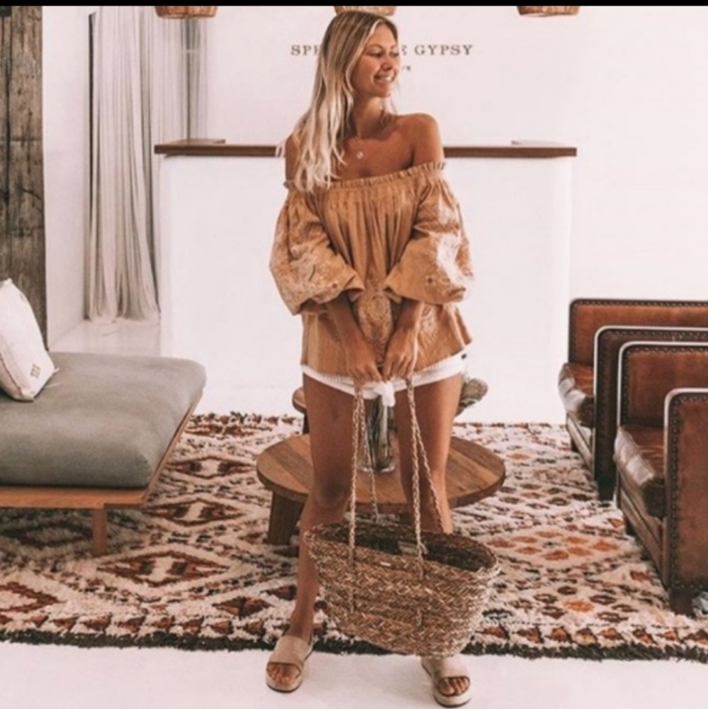 Spell Ochre Off-Shoulder Embroidered Peasant Blouse